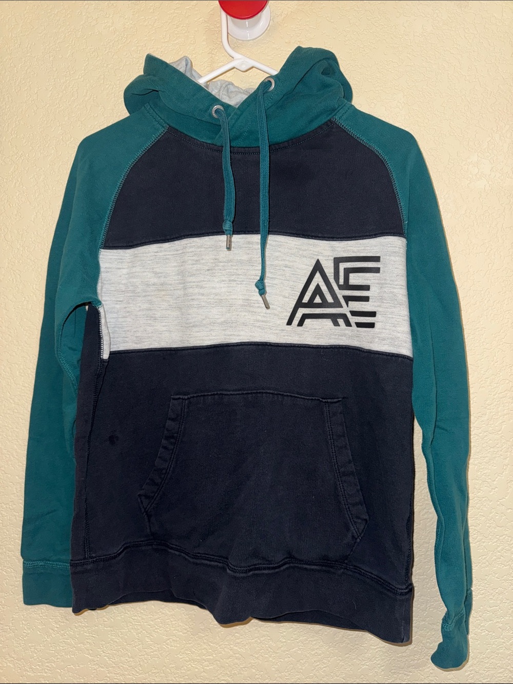 American Eagle Colorblock Pullover Hooodie Teal Navy Gray Logo Sweatshirt Size S